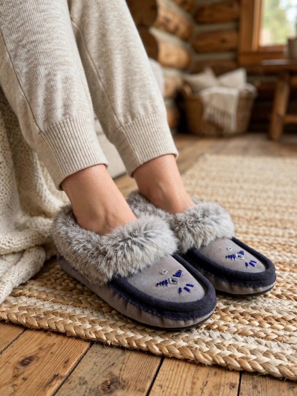 Laurentian Chief Beaded Moccasin Slippers Rabbit Fur Suede Grey | 8.5